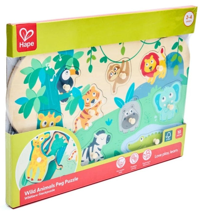 Дървен образователен пъзел Hape - Диви животни, 10 части