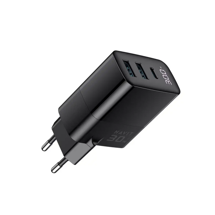 Havit UCLE001 EU - GaN трипортово зарядно 30 W черно