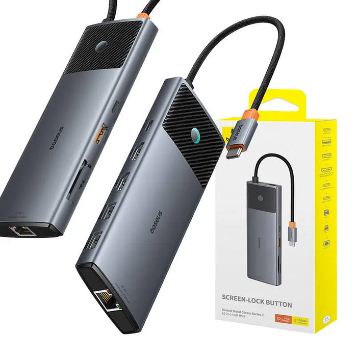 Хъб 10в1 Baseus 2x HDMI USB-C 3x USB-A RJ45 SD/TF PD сив