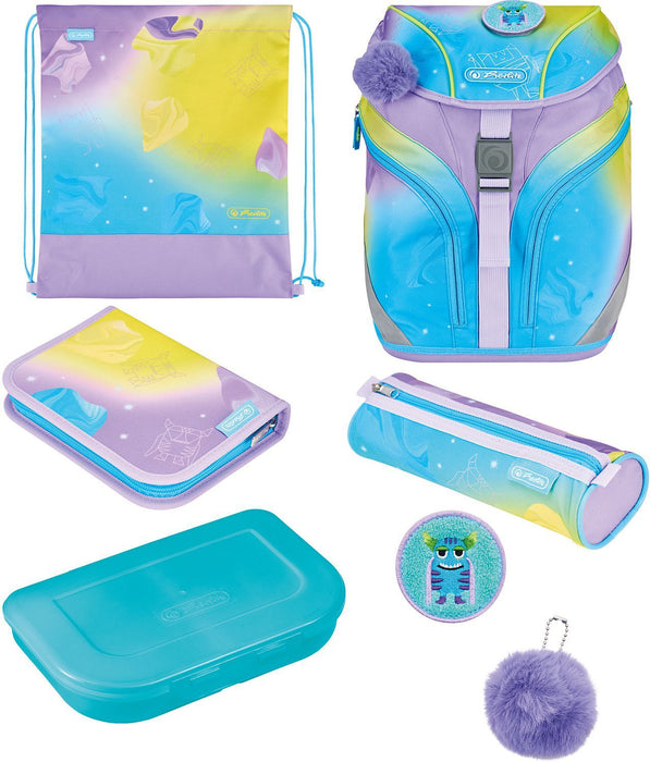 Ученически комплект Herlitz SoftLight Plus - Little Monster, раница, два несесера, мешка и кутия за храна