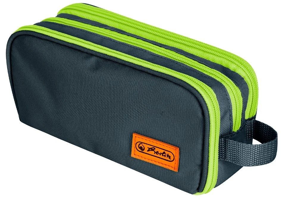 Несесер с дръжка Herlitz - Neon Uni Oak/Kiwi, 3 ципа