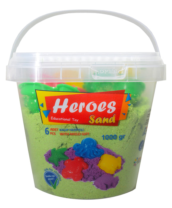 Кинетичен пясък в кофа Heroes - Зелен цвят с 6 фигурки, 1000 g.