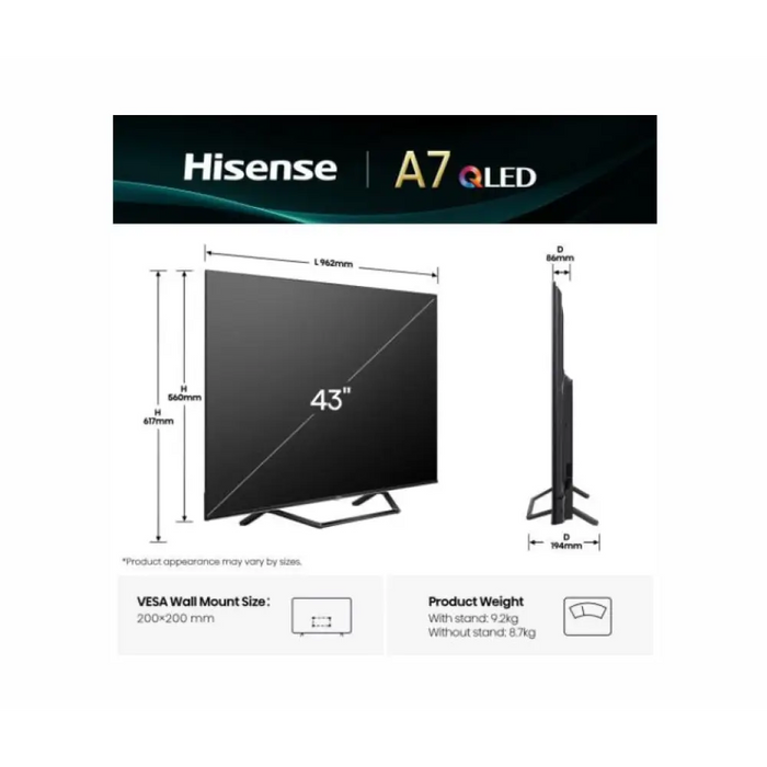 Hisense 43’’ A7Q 4K Ultra HD 3840x2160 QLED FALD Quantum