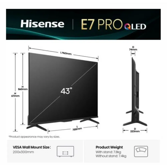 Hisense 43’’ E7Q Pro 4K Ultra HD 3840x2160 QLED Quantum Dot