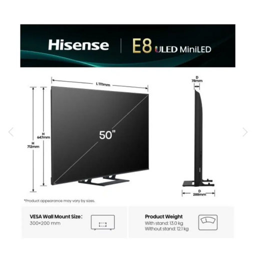 Hisense 50’’ E8Q 4K Ultra HD 3840x2160 ULED Quantum Dot 144