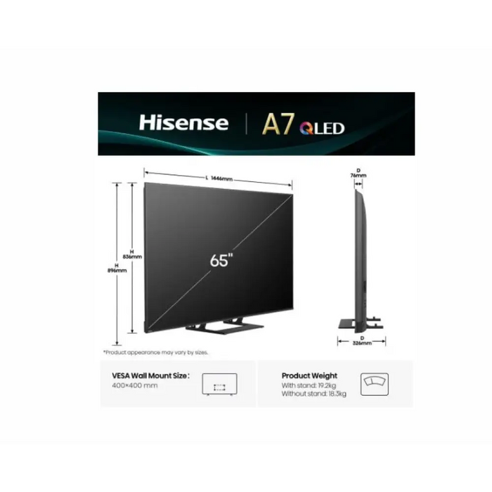 Hisense 65’’ A7Q 4K Ultra HD 3840x2160 QLED HDR 10+ HLG