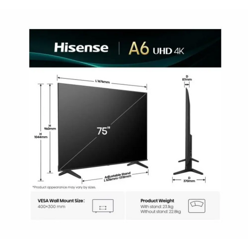 Hisense 75’’ A6Q 4K Ultra HD 3840x2160 DLED DFA Precision