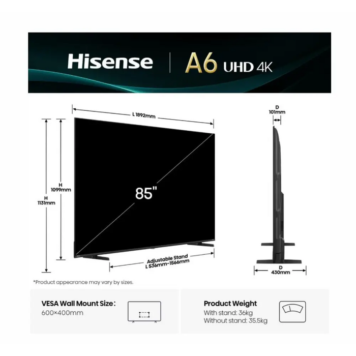 Hisense 85’’ A6Q 4K Ultra HD 3840x2160 DLED DFA Precision