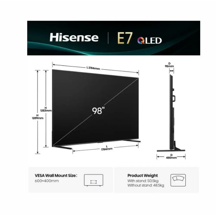 Hisense 98’’ E7Q 4K Ultra HD 3840x2160 Quantum Dot 144Hz