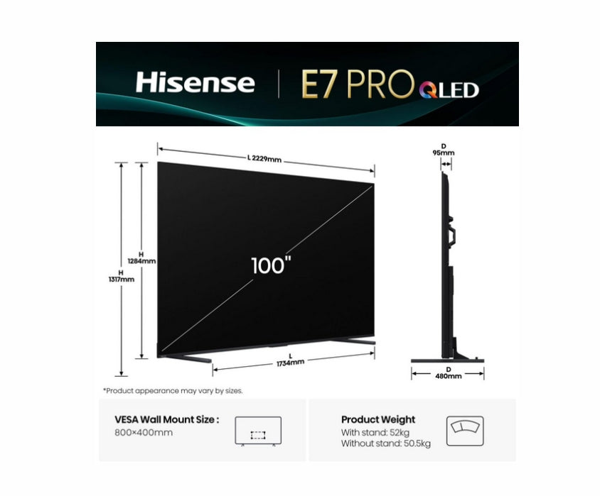 Hisense, 100'' E7Q PRO, QLED Smart, FALD, 144Hz, 5000:1, Quantum Dot, Dolby vision, Vidaa, ADS, черен