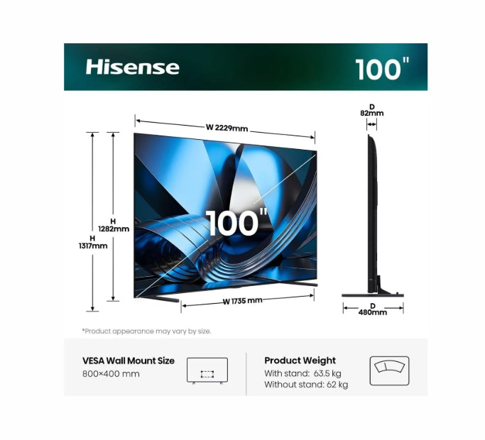 Hisense, 100''U7SE, ULED Smart, FALD, 165Hz, 5000:1, Quantum Dot, Dolby Vision IQ, Vidaa, ADS, Черен