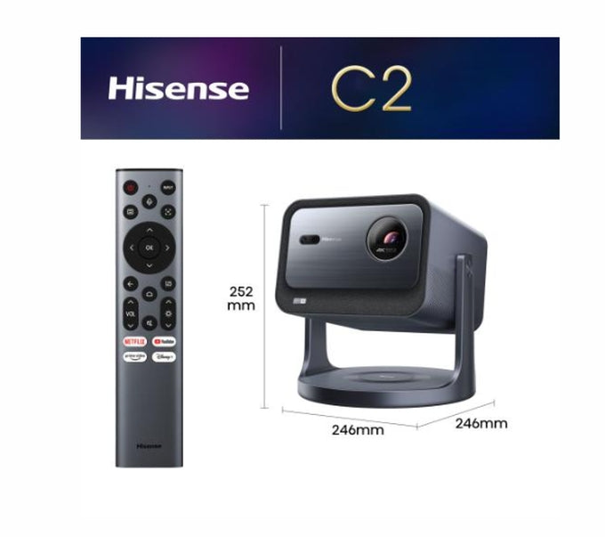 Мини лазерен проектор Hisense C2 Smart, 4K Ultra HD 3840x2160, 1700:1, 2000 lum, 60 Hz, Digital Zoom, Dolby Vision, HDR10+ (декодиране), HDR10, HLG, 2*10W