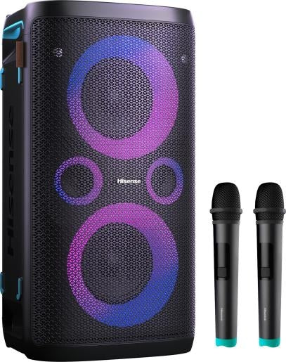 Hisense Party Rocker One Plus (HP110) Bluetooth високоговорител с мощност 300 W, вграден нискочестотен говорител, караоке режим, вградена безжична зарядна подложка, AUX вход и изход, USB, батерия с дълготраен живот 15 часа, 4 x 2500Ah, 2 микрофона включен