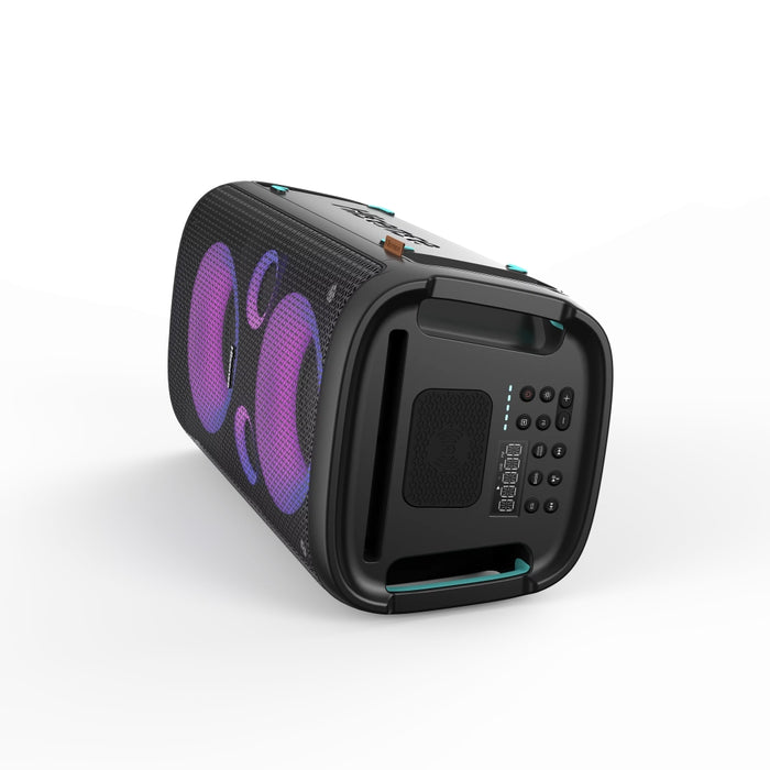 Hisense Party Rocker One Plus (HP110) Bluetooth високоговорител с мощност 300 W, вграден нискочестотен говорител, караоке режим, вградена безжична зарядна подложка, AUX вход и изход, USB, батерия с дълготраен живот 15 часа, 4 x 2500Ah, 2 микрофона включен