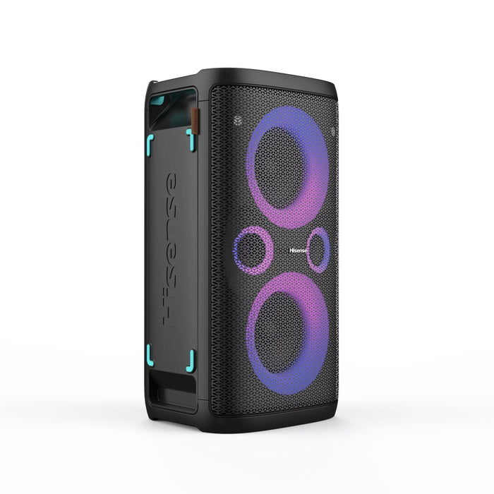 Hisense Party Rocker One Plus (HP110) Bluetooth високоговорител с мощност 300 W, вграден нискочестотен говорител, караоке режим, вградена безжична зарядна подложка, AUX вход и изход, USB, батерия с дълготраен живот 15 часа, 4 x 2500Ah, 2 микрофона включен