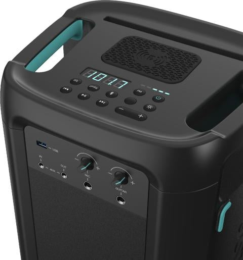 Hisense Party Rocker One Plus (HP110) Bluetooth високоговорител с мощност 300 W, вграден нискочестотен говорител, караоке режим, вградена безжична зарядна подложка, AUX вход и изход, USB, батерия с дълготраен живот 15 часа, 4 x 2500Ah, 2 микрофона включен