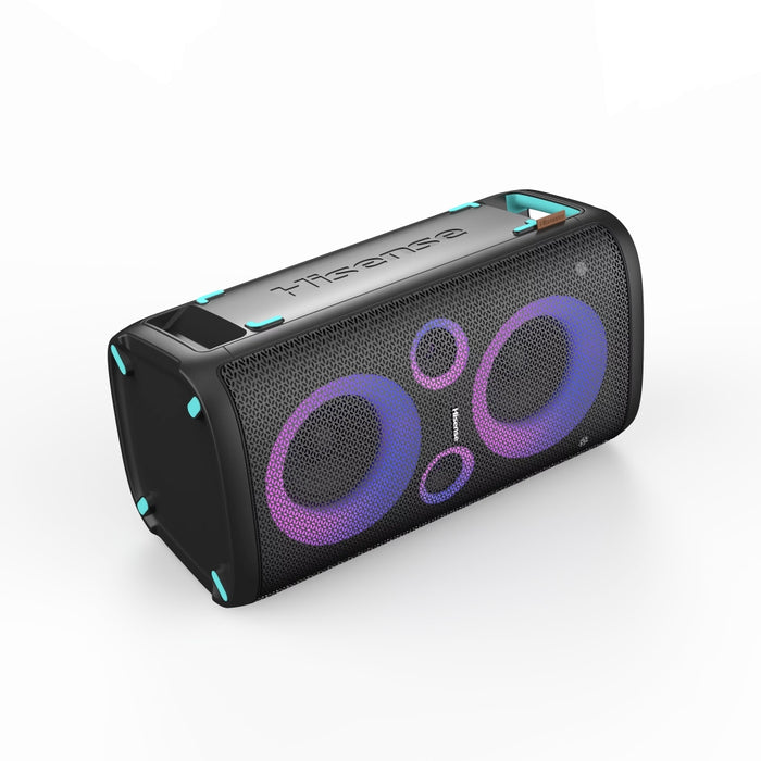 Hisense Party Rocker One Plus (HP110) Bluetooth високоговорител с мощност 300 W, вграден нискочестотен говорител, караоке режим, вградена безжична зарядна подложка, AUX вход и изход, USB, батерия с дълготраен живот 15 часа, 4 x 2500Ah, 2 микрофона включен