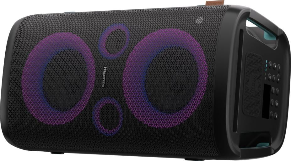 Hisense Party Rocker One Plus (HP110) Bluetooth високоговорител с мощност 300 W, вграден нискочестотен говорител, караоке режим, вградена безжична зарядна подложка, AUX вход и изход, USB, батерия с дълготраен живот 15 часа, 4 x 2500Ah, 2 микрофона включен