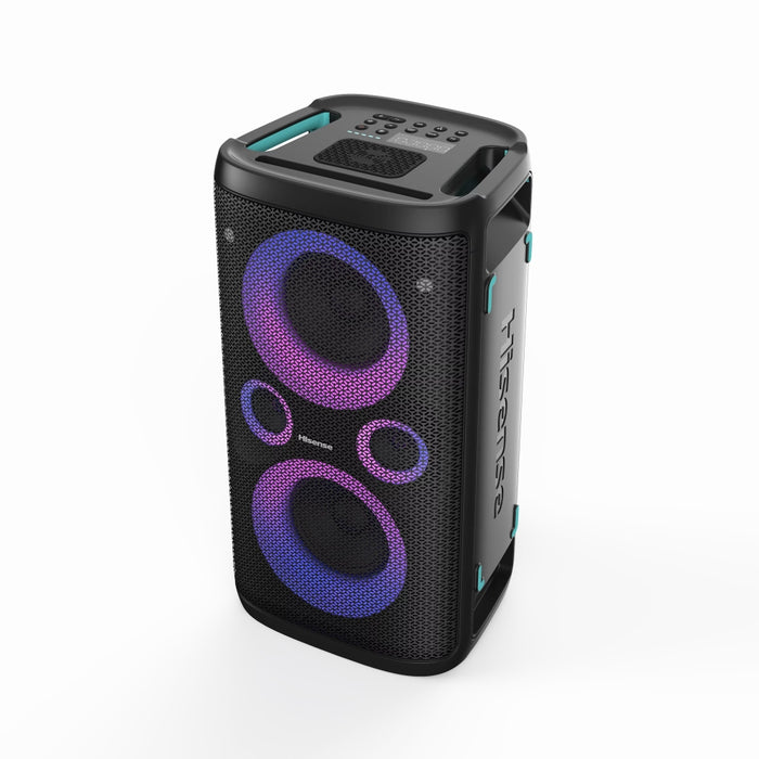 Hisense Party Rocker One Plus (HP110) Bluetooth високоговорител с мощност 300 W, вграден нискочестотен говорител, караоке режим, вградена безжична зарядна подложка, AUX вход и изход, USB, батерия с дълготраен живот 15 часа, 4 x 2500Ah, 2 микрофона включен
