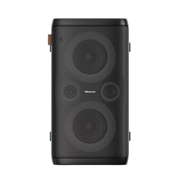 Hisense Party Rocker One Plus (HP110) Bluetooth високоговорител с мощност 300 W, вграден нискочестотен говорител, караоке режим, вградена безжична зарядна подложка, AUX вход и изход, USB, батерия с дълготраен живот 15 часа, 4 x 2500Ah, 2 микрофона включен