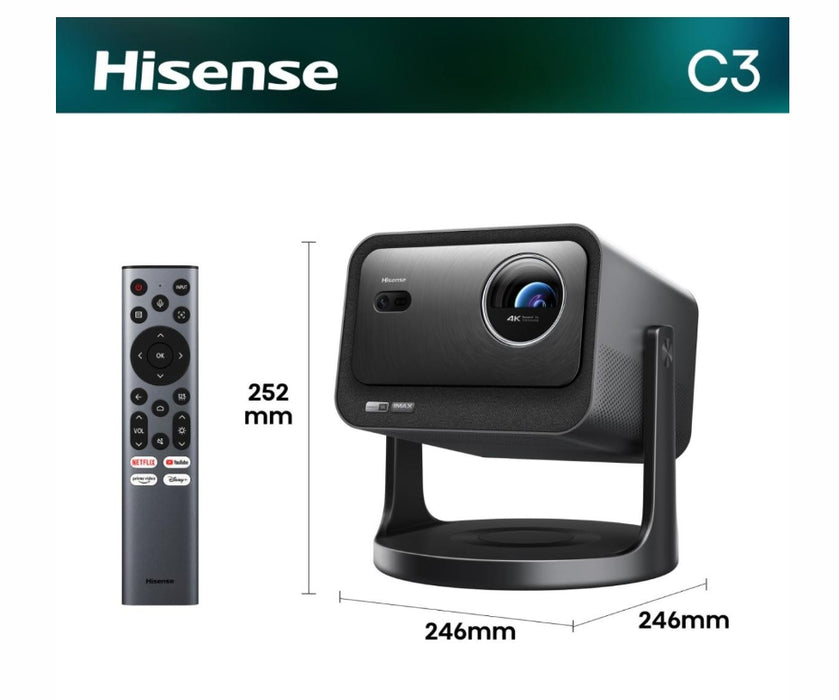 Hisense C3 Smart mini лазерен проектор, 4K Ultra HD 3840x2160, 2000:1, 2500 лумена, 60 Hz, цифрово увеличение, Dolby Vision, HDR10+ (декодиране), HDR10, HLG, 2*10W, сребрист