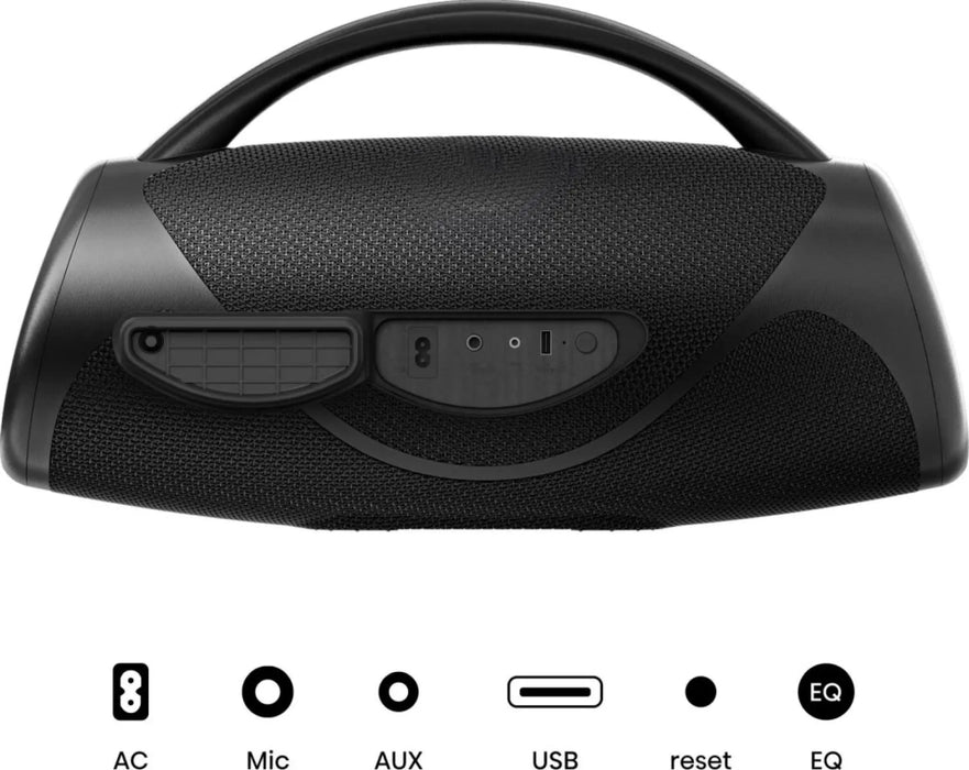 Hisense, VoyageBoom, Парти високоговорител 2.0 канала, 360W, BT, 24 часа възпроизвеждане, IP67 водо- и прахоустойчив, околна светлина, двупосочна каишка, вградена външна батерия, двустепенно усилване на басите, черен