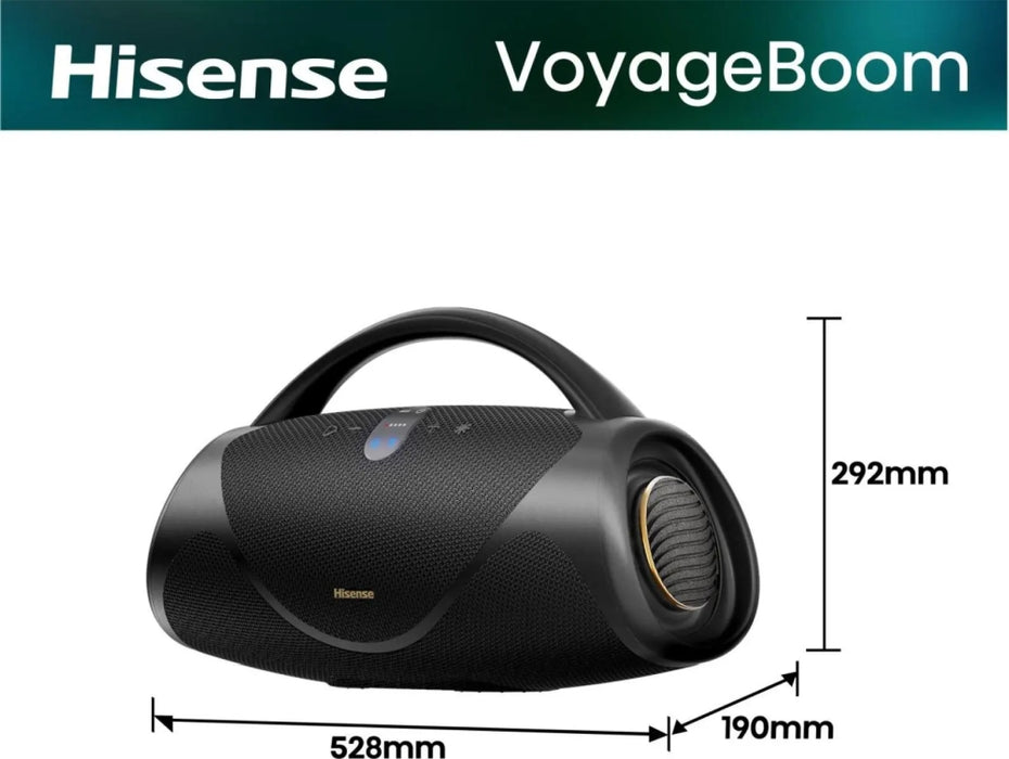 Hisense, VoyageBoom, Парти високоговорител 2.0 канала, 360W, BT, 24 часа възпроизвеждане, IP67 водо- и прахоустойчив, околна светлина, двупосочна каишка, вградена външна батерия, двустепенно усилване на басите, черен