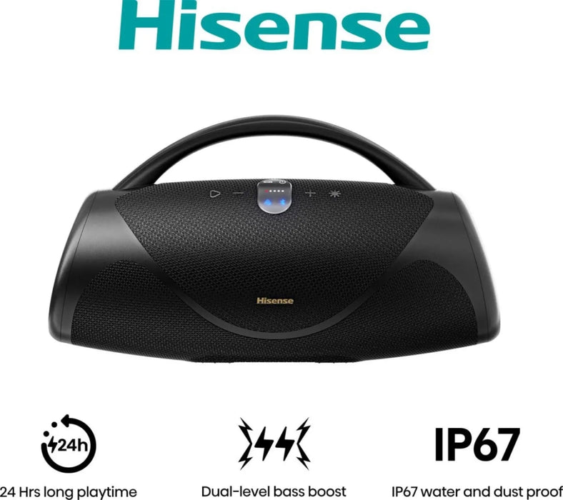 Hisense, VoyageBoom, Парти високоговорител 2.0 канала, 360W, BT, 24 часа възпроизвеждане, IP67 водо- и прахоустойчив, околна светлина, двупосочна каишка, вградена външна батерия, двустепенно усилване на басите, черен