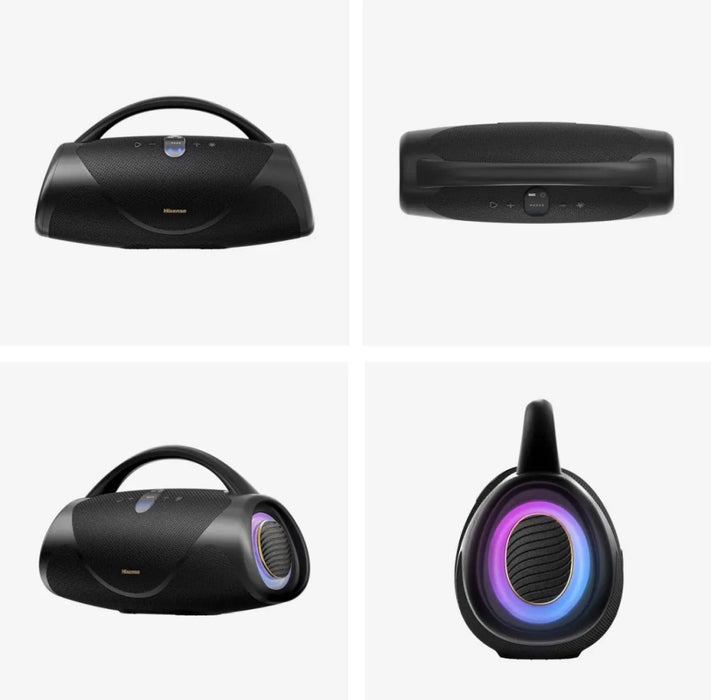 Hisense, VoyageBoom, Парти високоговорител 2.0 канала, 360W, BT, 24 часа възпроизвеждане, IP67 водо- и прахоустойчив, околна светлина, двупосочна каишка, вградена външна батерия, двустепенно усилване на басите, черен