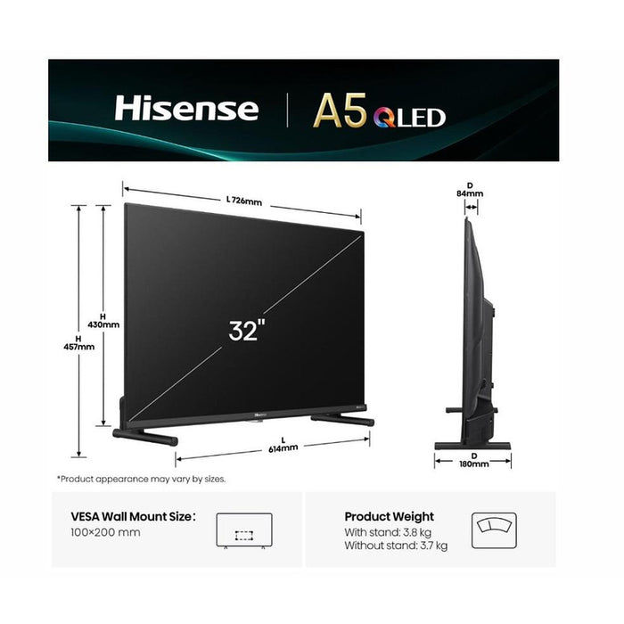 Hisense 32" A5Q, Full HD 1920x1080, QLED, Quantum Dot, HDR, HLG, DTS HD, Сензор за светлина, Dolby Audio, Smart TV, WiFi, WiFi Direct, 2xHDMI, 2xUSB, LAN, CI+, DVB-T2/C/S2, Черен