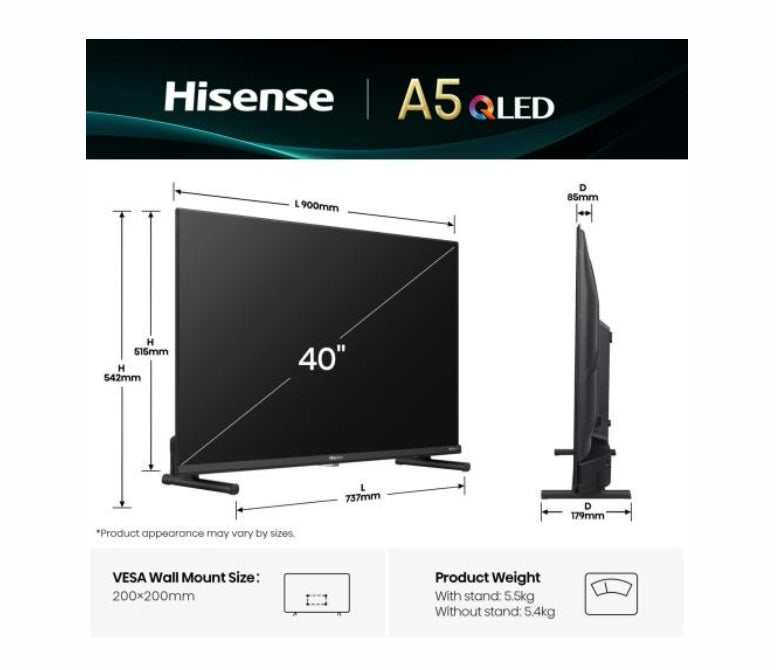 Hisense 40" A5Q, Full HD 1920x1080, QLED, Quantum Dot, HDR, HLG, DTS HD, Сензор за светлина, Dolby Audio, Smart TV, WiFi, WiFi Direct, 2xHDMI, 2xUSB, LAN, CI+, DVB-T2/C/S2, Черен