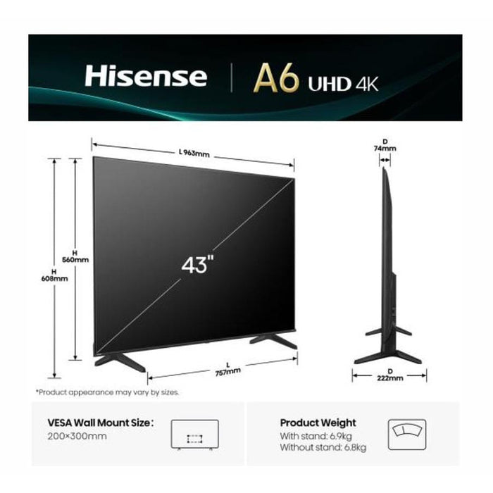 Hisense 43" A6Q, 4K Ultra HD 3840x2160, DLED, DFA, Precision Colour, HDR 10+, HLG, Dolby Vision, Сензор за светлина, Smart TV, WiFi, BT, AnyView Cast, Gaming Mode, 1xHDMI2 eArc, 3xHDMI, 2xUSB, LAN, CI+, DVB-T2/C/S2, Черен