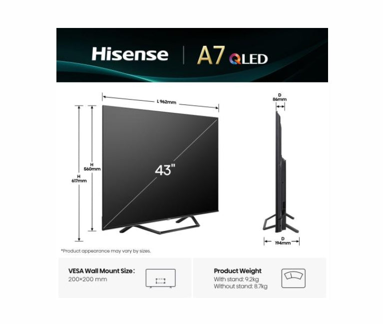 Hisense 43" A7Q, 4K Ultra HD 3840x2160, QLED, FALD, Quantum Dot, HDR 10+, HLG, Dolby Vision, Dolby Atmos, Smart TV, WiFi 5GHz, WiFi Direct, BT, Anyview Cast, 3xHDMI, 2xUSB, LAN, CI+, DVB-T2/C/S2, Черен