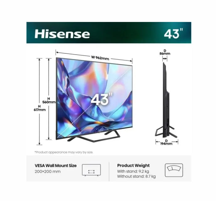 Hisense 43" A7S, 4K Ultra HD 3840x2160, QLED, FALD, Quantum Dot, HDR 10+, HLG, Dolby Vision, Dolby Atmos, Smart TV, WiFi 5GHz, WiFi Direct, BT, Anyview Cast, 3xHDMI, 2xUSB, LAN, CI+, DVB-T2/C/S2, черен