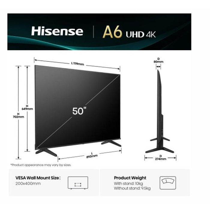 Hisense 50" A6Q, 4K Ultra HD 3840x2160, DLED, DFA, Precision Colour, HDR 10+, HLG, Dolby Vision, Сензор за светлина, Smart TV, WiFi, BT, AnyView Cast, Gaming Mode, 1xHDMI2 eArc, 3xHDMI, 2xUSB, LAN, CI+, DVB-T2/C/S2, Черен