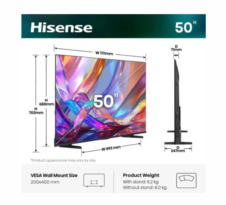 Hisense 50" E7S, 4K Ultra HD 3840x2160, QLED, Quantum Dot, HDR 10+, HLG, Dolby Vision, DTS Virtual X, Smart TV, WiFi, Светлинен сензор, BT, Anyview Cast, 3xHDMI, 2xUSB, LAN, CI+, DVB-T2/C/S2, Черен