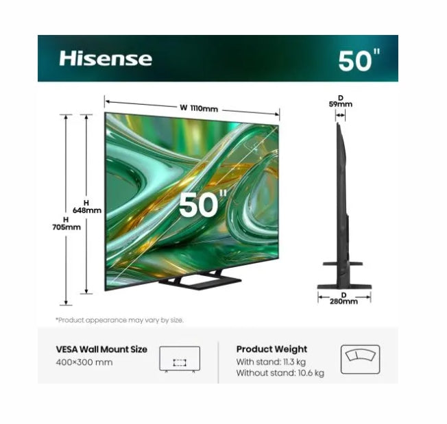 Hisense 50" E8S, 4K Ultra HD 3840x2160, ULED, Quantum Dot, 144 Hz, HDR 10+, HLG, Dolby Vision, DTS Virtual X, Smart TV, WiFi, Светлинен сензор, BT, Anyview Cast, 4xHDMI, 2xUSB, LAN, CI+, DVB-T2/C/S2, Единична стойка, Черен