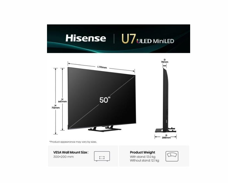 Hisense 50" U7Q, 4K Ultra HD 3840x2160, ULED, FALD, Quantum Dot, 144Hz, IPS, HDR 10+, HLG, Dolby Vision IQ, Dolby Atmos, Smart TV, WiFi 5GHz, WiFi Direct, BT, Anyview Cast, 4xHDMI, 2xUSB, LAN, CI+, DVB-T2/C/S2, черен