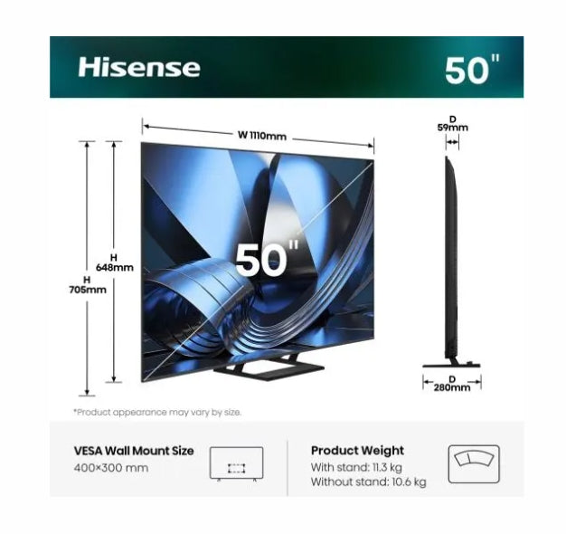 Hisense 50" U7SE, 4K Ultra HD 3840x2160, ULED, FALD, Quantum Dot, 144Hz, IPS, HDR 10+, HLG, Dolby Vision IQ, Dolby Atmos, Smart TV, WiFi 5GHz, WiFi Direct, BT, Anyview Cast, 4xHDMI, 2xUSB, LAN, CI+, DVB-T2/C/S2, черен