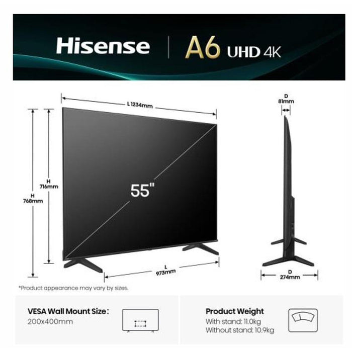 Hisense 55" A6Q, 4K Ultra HD 3840x2160, DLED, DFA, Precision Colour, HDR 10+, HLG, Dolby Vision, Сензор за светлина, Smart TV, WiFi, BT, AnyView Cast, Gaming Mode, 1xHDMI2 eArc, 3xHDMI, 2xUSB, LAN, CI+, DVB-T2/C/S2, Черен