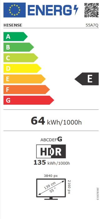 Hisense 55"A7Q, 4K Ultra HD 3840x2160, Quantum Dot, Светлинен сензор, HDR 10+, HLG, Dolby Vision, Dolby Atmos, Smart TV, Гласово управление, 2x10 W + 20 W, WiFi 5GHz, WiFi Direct, BT, Anyview Cast, 3xHDMI, 2xUSB, LAN, DVB-T2/C/S2, черен