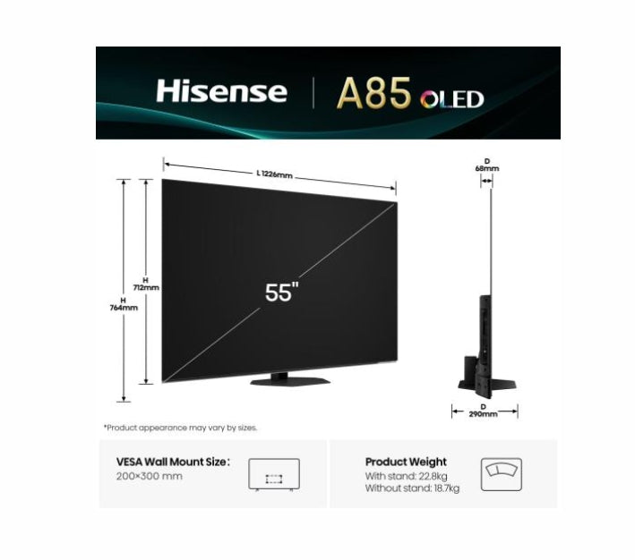 Hisense 55" A85Q, 4K UHD OLED Smart TV, 120Hz, 1000 нита, HDMI 2.1, Game Mode Pro, AMD FreeSync Premium, Dolby Vision IQ & Atmos, Bluetooth, Alexa Built-in, Черен