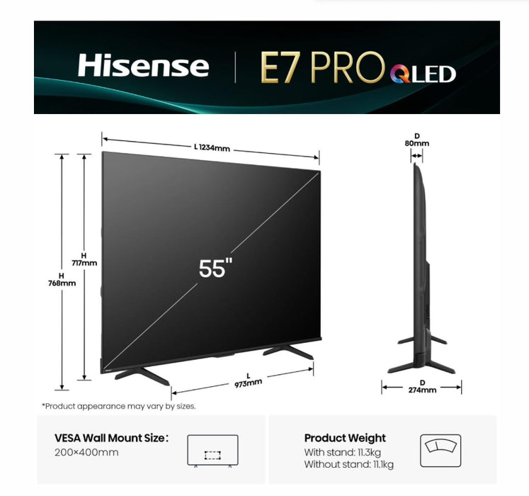 Hisense 55" E7Q Pro, 4K Ultra HD 3840x2160, QLED, Quantum Dot, 144Hz, HDR 10+ adaptive, HLG, Dolby Vision, DTS Virtual X, Smart TV, WiFi 5GHz, WiFi Direct, BT, Anyview Cast, 3xHDMI, 2xUSB, LAN, CI+, DVB-T2/C/S2, черен