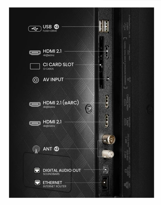 Hisense 55" E7Q Pro, 4K Ultra HD 3840x2160, QLED, Quantum Dot, 144Hz, HDR 10+ adaptive, HLG, Dolby Vision, DTS Virtual X, Smart TV, WiFi 5GHz, WiFi Direct, BT, Anyview Cast, 3xHDMI, 2xUSB, LAN, CI+, DVB-T2/C/S2, черен