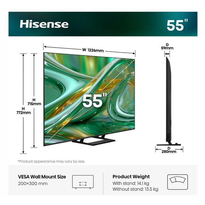 Hisense 55" E8S, 4K Ultra HD 3840x2160, ULED, Quantum Dot, 144 Hz, HDR 10+, HLG, Dolby Vision, DTS Virtual X, Smart TV, WiFi, Светлинен сензор, BT, Anyview Cast, 4xHDMI, 2xUSB, LAN, CI+, DVB-T2/C/S2, Единична стойка, Черен