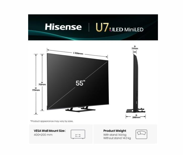 Hisense 55" U7Q, 4K Ultra HD 3840x2160, ULED, FALD, Quantum Dot, 144Hz, IPS, HDR 10+, HLG, Dolby Vision IQ, Dolby Atmos, Smart TV, WiFi 5GHz, WiFi Direct, BT, Anyview Cast, 4xHDMI, 2xUSB, LAN, CI+, DVB-T2/C/S2, черен