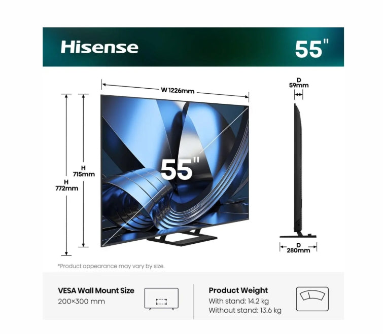 Телевизор HISENSE 55U7SE, 55", ULED, MiniLED, Smart TV, 4K, 144Hz Game Mode