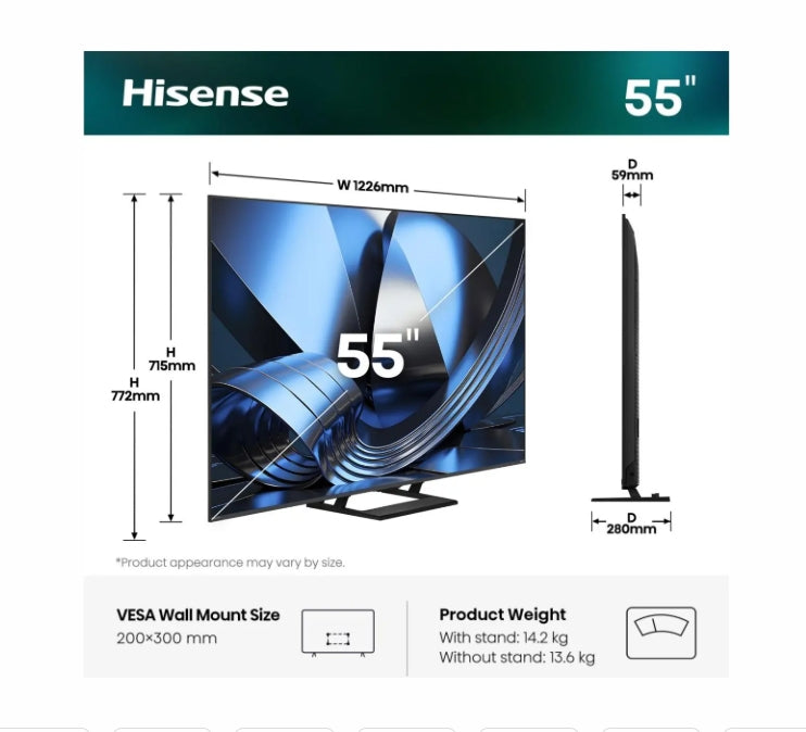 Телевизор HISENSE 55U7SE, 55", ULED, MiniLED, Smart TV, 4K, 144Hz Game Mode
