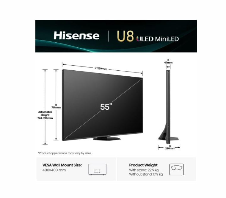 Hisense 55" U8Q, 4K Ultra HD 3840x2160, Mini Led Pro, FALD, Quantum Dot, 165Hz, IPS, HDR 10+, HLG, Dolby Vision IQ, Dolby Atmos, Smart TV, Сензор за светлина, WiFi 5GHz, WiFi Direct, BT, Anyview Cast, 3xHDMI, 2xUSB,1x USB (3.0), LAN, CI+, DVB-T2/C/S2, чер