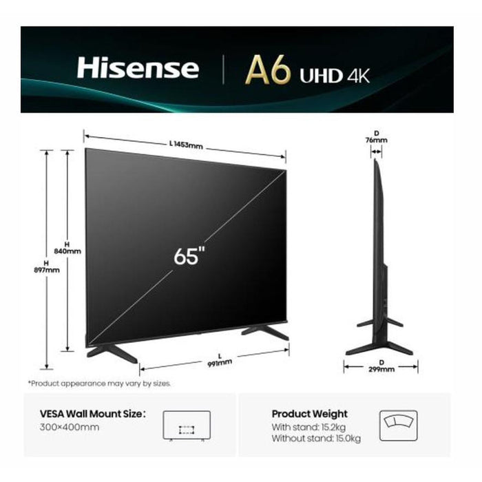 Hisense 65" A6Q, 4K Ultra HD 3840x2160, DLED, DFA, Precision Colour, HDR 10+, HLG, Dolby Vision, DTS Virtual X, Smart TV, WiFi, BT, Сензор за светлина, Режим на игри, 1xHDMI2 eArc, 3xHDMI, 2xUSB, LAN, CI+, DVB-T2/C/S2, черен